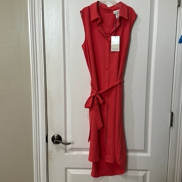 Adrienne Vittadini Sz S soft orange button  belted collar sleeveless Hi low  NWT - Picture 1 of 4